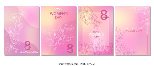 Womens Day Card. Set of Floral Posters for 8th March. Flower design Womens Day Greeting Cards. Women Day background Templates with Floral Line Art. 
