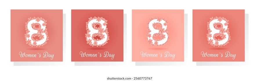 Womens day card set. International Womens day concept. Number 8 and flowers in beige brown colors. Flat vector illustration