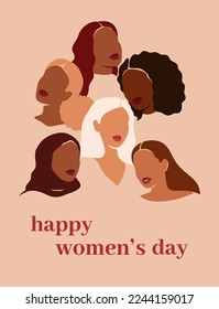 Women's day card with six women of different ethnicities and cultures stand side by side together. Silhouettes of Strong and brave girls. Sisterhood and females friendship.Vertical Vector illustration