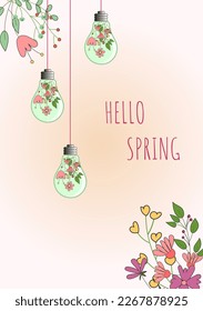Women's Day card with spring flowers and light bulbs with flowers