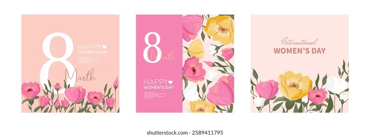 Women's Day card templates with hand-drawn flowers. Roses, tulips, and wildflowers in modern posters, web banners, and covers. Perfect for March 8, birthdays, and Mother’s Day