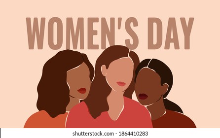 Women's day card of Three beautiful females with different skin colors stand together. Abstract minimal portrait of girls face to face. Concept of sisterhood and  friendship. Vector illustration
