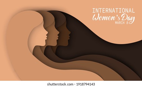 Women's Day card with three women silhouettes of different ethnicities, races and cultures. Women's friendship, union of feminists or sisterhood, community. Female solidarity, empowerment movement.