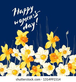 Women's Day card vector illustration with round of narcissus flowers.
