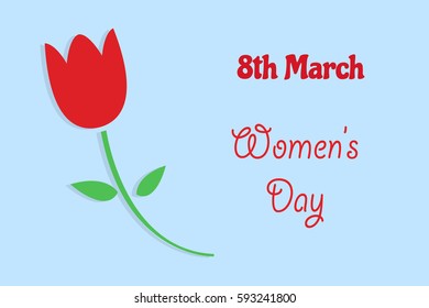 Women's Day card with wishes and red tulip. Vector illustration.