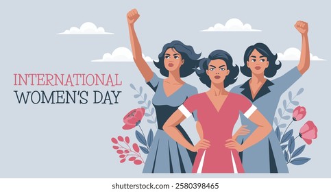 Women's Day card. Young women with flowers and raised hands in protest. Banner, poster, illustration