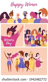 Womens day cards with diverse women and lettering quotes. Hand drawn vector illustration. Flat style design. Concept, element for feminism, girl power, poster, banner, background.