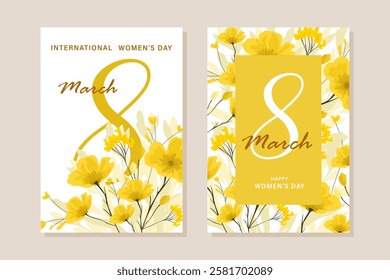 Women's Day cards on March 8. Spring floral vector illustration with yellow flowers. Happy Women's Day greeting. Vector.