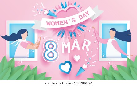 Women's day celebration calendar concept. design for International happy women's day 8 March holiday. and lovely joyful women in windows on pink background. Vector illustration.paper art style.