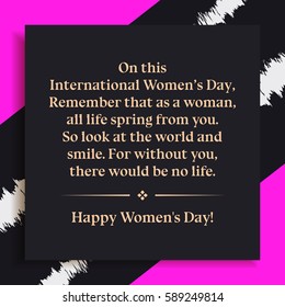Women's day celebration card with an inspirational encouragement message on hot fuchsia pink and dark background. Motivational 8 March concept vector template.