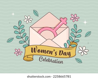 Women's Day Celebration Concept With Pink Venus Symbol Inside Envelope On Floral Decorated Background.