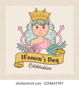 Women's Day Celebration Greeting Card With Princess Girl Character, Venus Symbols On Floral Beige Background.