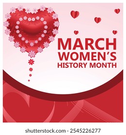 Women's Day celebration with heart-shaped flower bouquets. Women's rights movement. Women's History Month 2025 concept. Flat vector illustration.