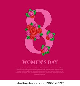 Women's day celebration ornament with pink and red rose bouquet flower on the eight 8 letter