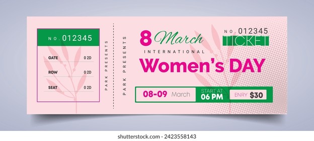 Women's Day Celebration Ticket or Greeting Card for 8 March Tickets Design Template