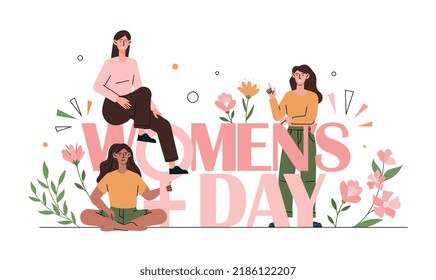 Womens day concept. Design for greeting and invitation cards. Spring traditional holidays, roast or surprise. Girls among flowers. Strong and brave female characters. Cartoon flat vector illustration