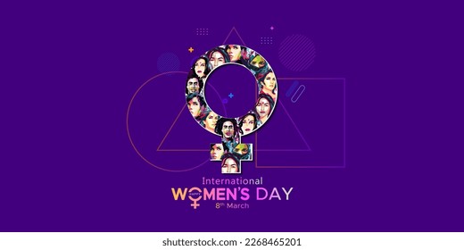 Womens day concept, greeting card, abstract vector background. 2023 Theme of #EmbraceEquity. Happy International Womens day text and sign symbol design.