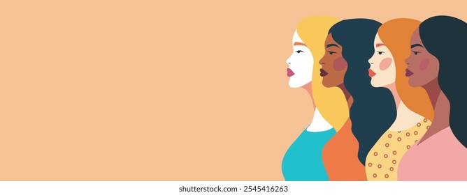 Women's day. Concept of movement for gender equality and women's empowerment. Women of different cultures and nationalities stand side by side on beige background. Vector creative banner place for tex