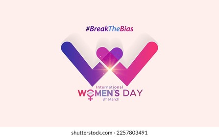 Womens day concept poster. Happy International Woman's day text and sign illustration. Theme of #BreakTheBias.