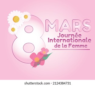 Women's Day concept vector (Translate: 8 March Happy International Women's Day). Number eight decorated with  flowers. Banner,flyer, greeting card, beautiful postcard for March 8.