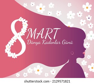 Vector conceptual del Día de la Mujer (Traducción: 8 de marzo: Feliz Día Internacional de la Mujer). Número ocho decorado con flores. Cartel, volante, tarjeta de saludo, hermosa postal para el 8 de marzo.
