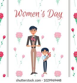 Womens Day congratulation card father and son in bowties with bouquets of tulips on white background decorated by rose seamless pattern vector