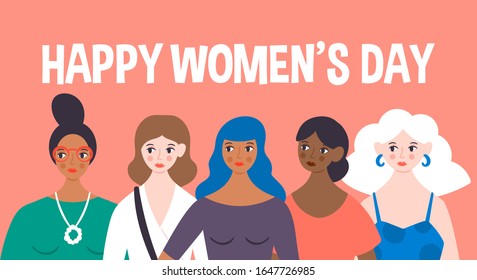 Women's day cute greeting card with women characters design. Childish print for cards, templates and banners. Vector illustration