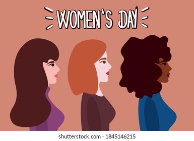 women's day cute hand drawn lettering text with modern flat design women character vector concept illustration