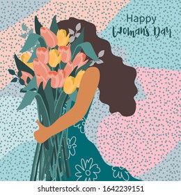 Womens Day. Cute Vector flat illustration with woman and bouquet of flowers tulips for card, poster, flyer and other users