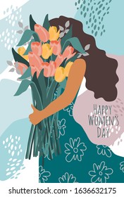Womens Day. Cute Vector illustration with woman and bouquet of flowers tulips for card, poster, flyer and other