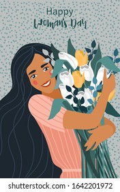 Womens Day. Cute Vector vertical illustration with woman holding a bouquet of flowers tulips for card, poster, flyer and other users