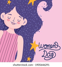 womens day cute woman with stars in long purple hair vector illustration
