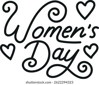 Women's Day decorative text with hearts and swirls. mother's day concept