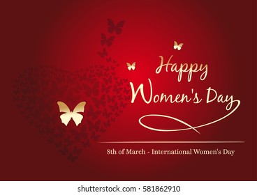 Women's day design. 8 March. Happy Women's Day. Fluttering butterflies in the shape of heart. Red background with gold greeting inscription. Vector greeting card