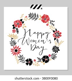 Women's day design card template, red glitter texture, abstract flowers wreath, hand drawn lettering " Happy woman's day" vector illustration eps10 graphic