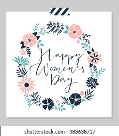 Women's day design card template, red glitter texture, abstract flowers wreath, hand drawn lettering " Happy woman's day" vector illustration eps10 graphic