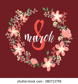 Women's day design card template,abstract flowers wreath, hand drawn lettering " Happy woman's day" vector illustration eps10 graphic