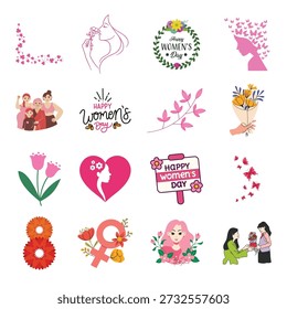 Women's Day design elements set. Vector pink corners profiles and banners for March 8 holiday flyer decoration