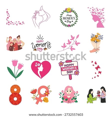 Women's Day design elements set. Vector pink corners profiles and banners for March 8 holiday flyer decoration