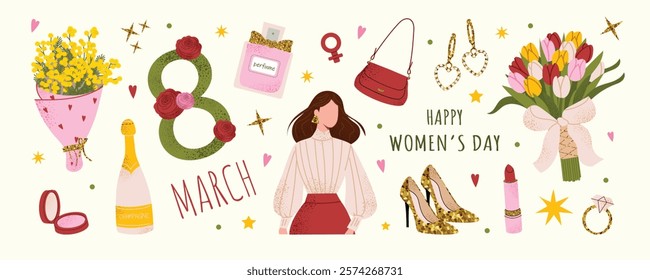 Women's Day design with festive elements. Cute bouquet of flowers, perfume, jewelry, champagne. Stylish illustration for March 8 holiday celebration. Drawings for postcard, congratulations and poster.