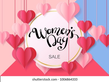 Women's Day Design for Greeting Card. Can be used on Banners or Web. 3D paper style. Heart hanging on a thread, inscription: Happy Womens Day, pink background. Vector illustration.