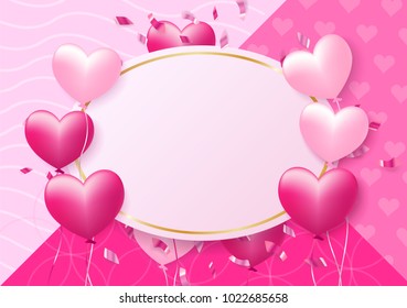 Women's Day design for greeting card. Can be used on banners or web. 3D paper and baloons style. Heart hanging on a thread, inscription: Happy womens Day, pink background. Vector illustration. EPS 10.