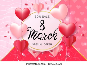 Women's Day design for greeting card. Can be used on banners or web. 3D paper and baloons style. Heart hanging on a thread, inscription: Happy womens Day, pink background. Vector illustration. EPS 10.