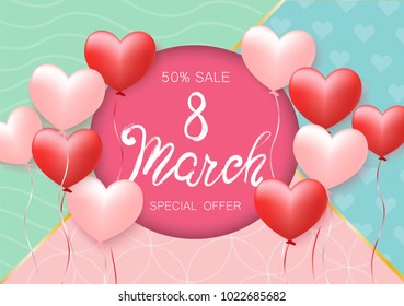 Women's Day design for greeting card. Can be used on banners or web. 3D paper and baloons style. Heart hanging on a thread, inscription: Happy womens Day, pink background. Vector illustration. EPS 10.