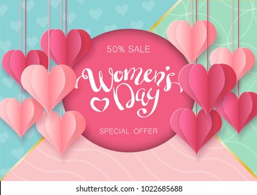 Women's Day design for greeting card. Can be used on banners or web. 3D paper and baloons style. Heart hanging on a thread, inscription: Happy womens Day, pink background. Vector illustration. EPS 10.