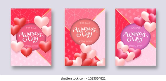 Women's Day design for greeting card. Can be used on banners or web. 3D paper and Baloons style. Heart hanging on a thread, inscription: Happy Womens Day voucher set. Vector illustration. EPS 10.