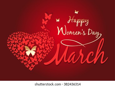 Women's day design. Happy Women's Day. Typographic composition for 8 March Day. Vector greeting card. Vector background with fluttering butterflies in the shape of heart.