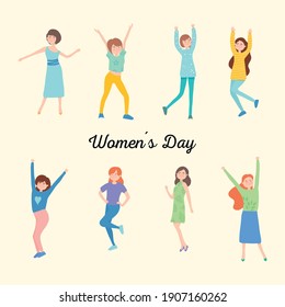 womens day design with icon set of happy womens over yellow background, colorful design, vector illustration
