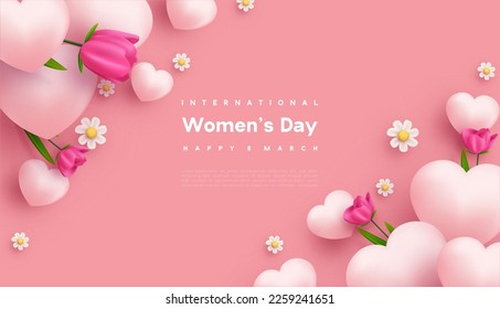 Women's day design with pink background and illustration of pink love balloons and beautiful pink flowers. Premium vector background for banner, poster, social media greeting.