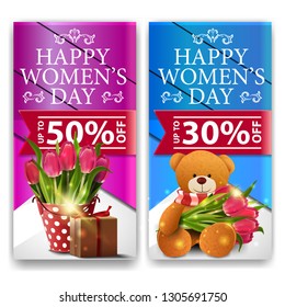 Women's day discount banners with cupcake, raspberry berries, rose and calendar